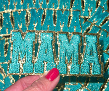 Load image into Gallery viewer, Mama Patch, Trucker Hat Patch, Turquoise colored Mama Patch, Embroidered Patch, Mom Patch, Glitter Patch, Patch for Hats, DIY, Iron on Patch