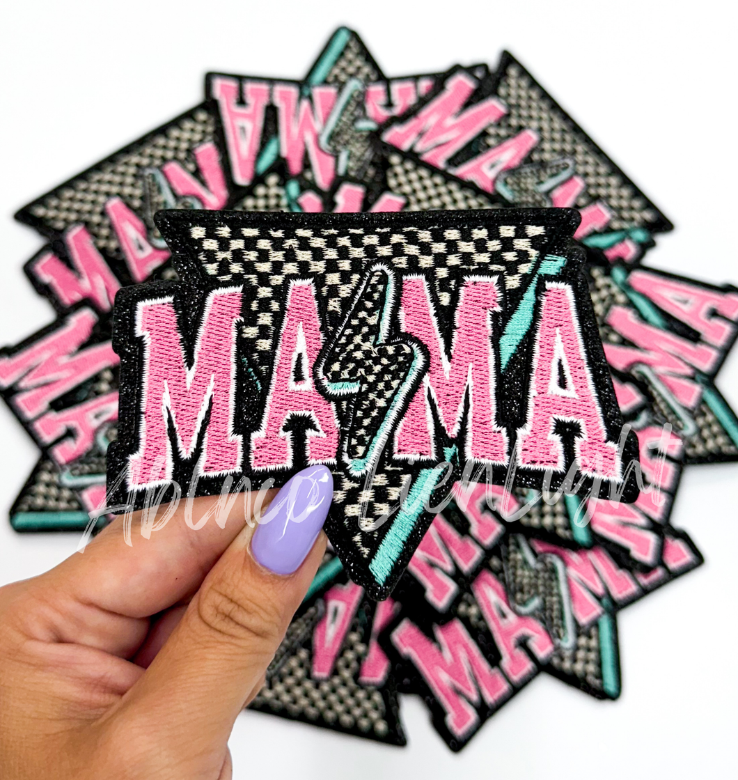 Mama checkered bolt pink embroidery patch iron on