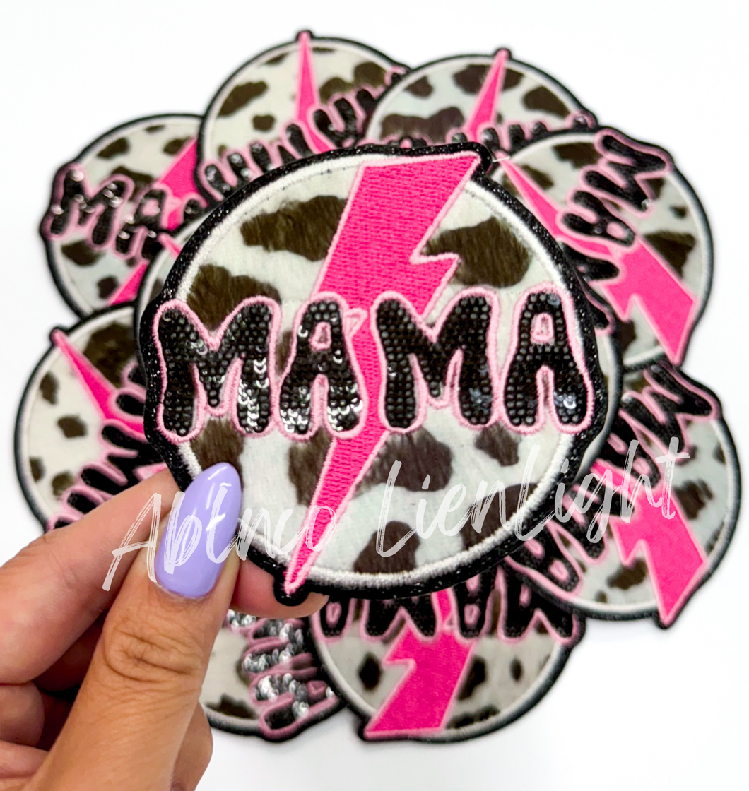 Mama fuzzy cow print pink bolt patch iron on