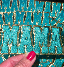 Load image into Gallery viewer, Mama Patch, Trucker Hat Patch, Turquoise colored Mama Patch, Embroidered Patch, Mom Patch, Glitter Patch, Patch for Hats, DIY, Iron on Patch
