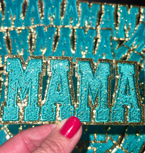Mama Patch, Trucker Hat Patch, Turquoise colored Mama Patch, Embroidered Patch, Mom Patch, Glitter Patch, Patch for Hats, DIY, Iron on Patch