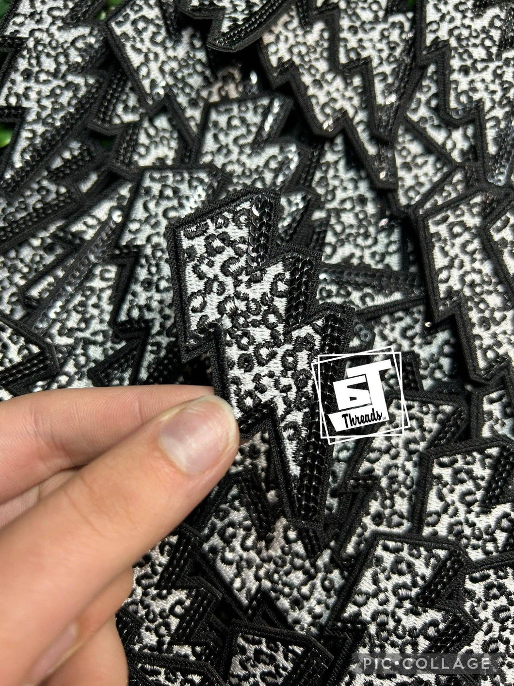 Black Leopard Print Lightning Bolt....Cap Patches Only: Black Leopard Print Lightning Bolt