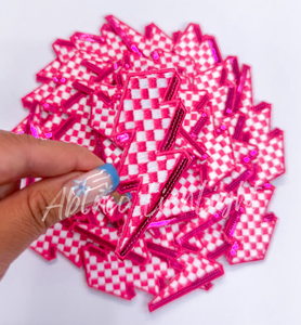 Hot pink sequins checkered lightning bolt patch iron on