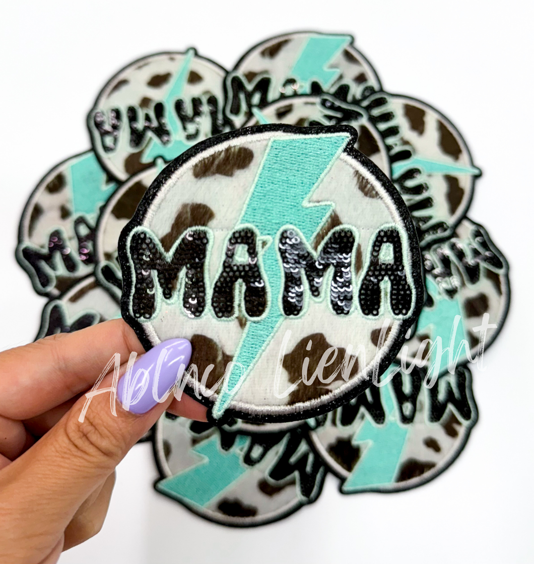 Mama fuzzy cow print turquoise bolt patch iron on