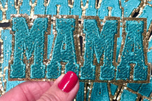 Load image into Gallery viewer, Mama Patch, Trucker Hat Patch, Turquoise colored Mama Patch, Embroidered Patch, Mom Patch, Glitter Patch, Patch for Hats, DIY, Iron on Patch
