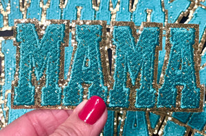 Mama Patch, Trucker Hat Patch, Turquoise colored Mama Patch, Embroidered Patch, Mom Patch, Glitter Patch, Patch for Hats, DIY, Iron on Patch