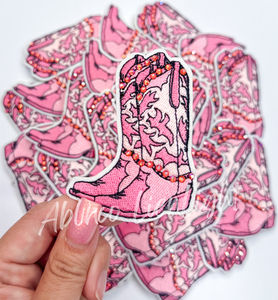 Pink rhinestone cowboy boot patch iron on